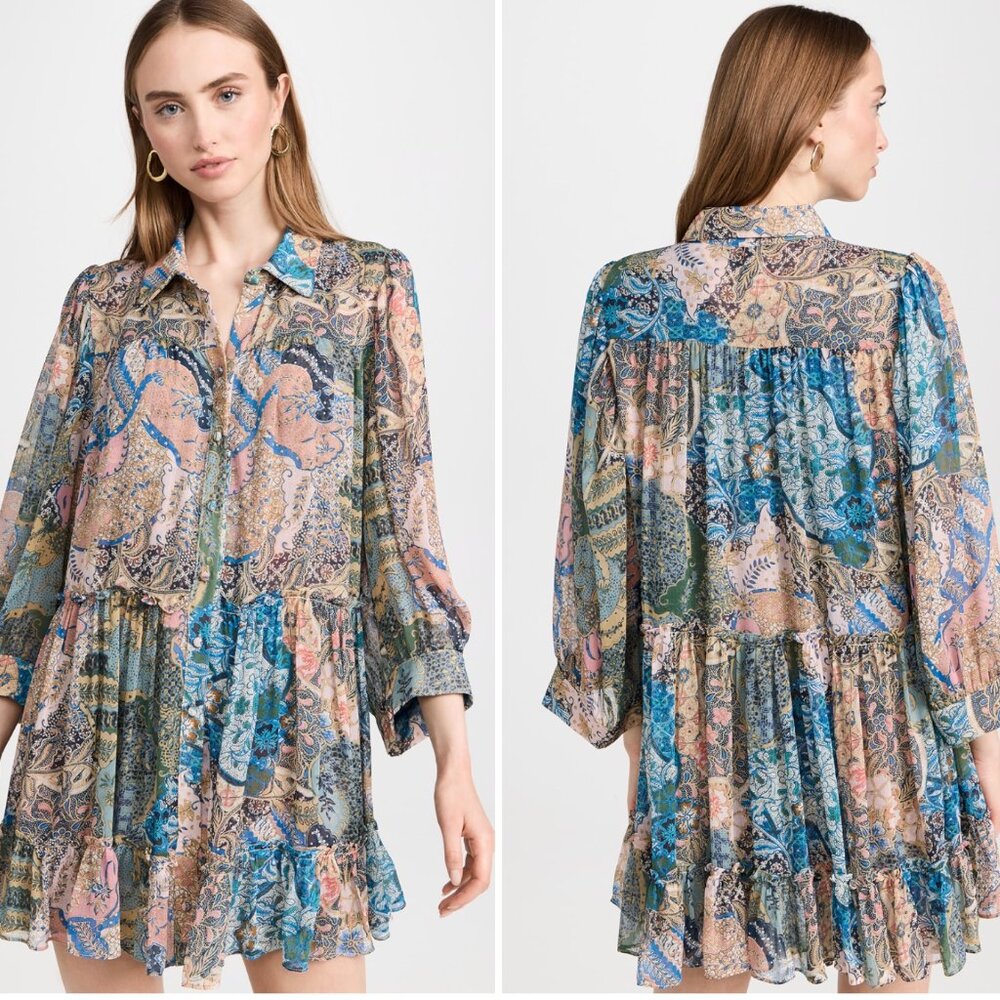 Misa Mita Women's Size S Dress Blue Turquoise Festival NWT print mid sleeve